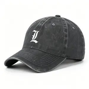 Men Women Death Note L Gothic Letter Printed Baseball Cap, Retro Washed Black Adjustable Hat
