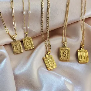Gold Square Initial Necklace with Pendant Simple Design Layered Chain 18K Gold-Filled Adjustable Fit Customizable Personalized Jewelry