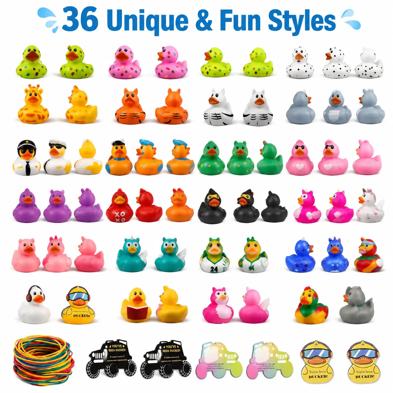 36 Pack Assorted Cruise Rubber Ducks Kit with 36 Writeable Message Tags & Elastic Straps, Bulk Soft Floating Bath Ducks for Cruise Hide & Seek Game, Cute Mini Rubber Duckies Party Favors Valentine Kids Holiday Gift #sohochic