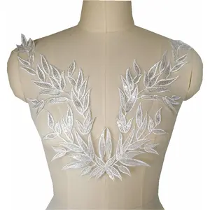 White Gold Leaf Lace Sequin Embroidered Appliques Collar Patch for DIY Wedding Dress Party Gown Decoration (White)