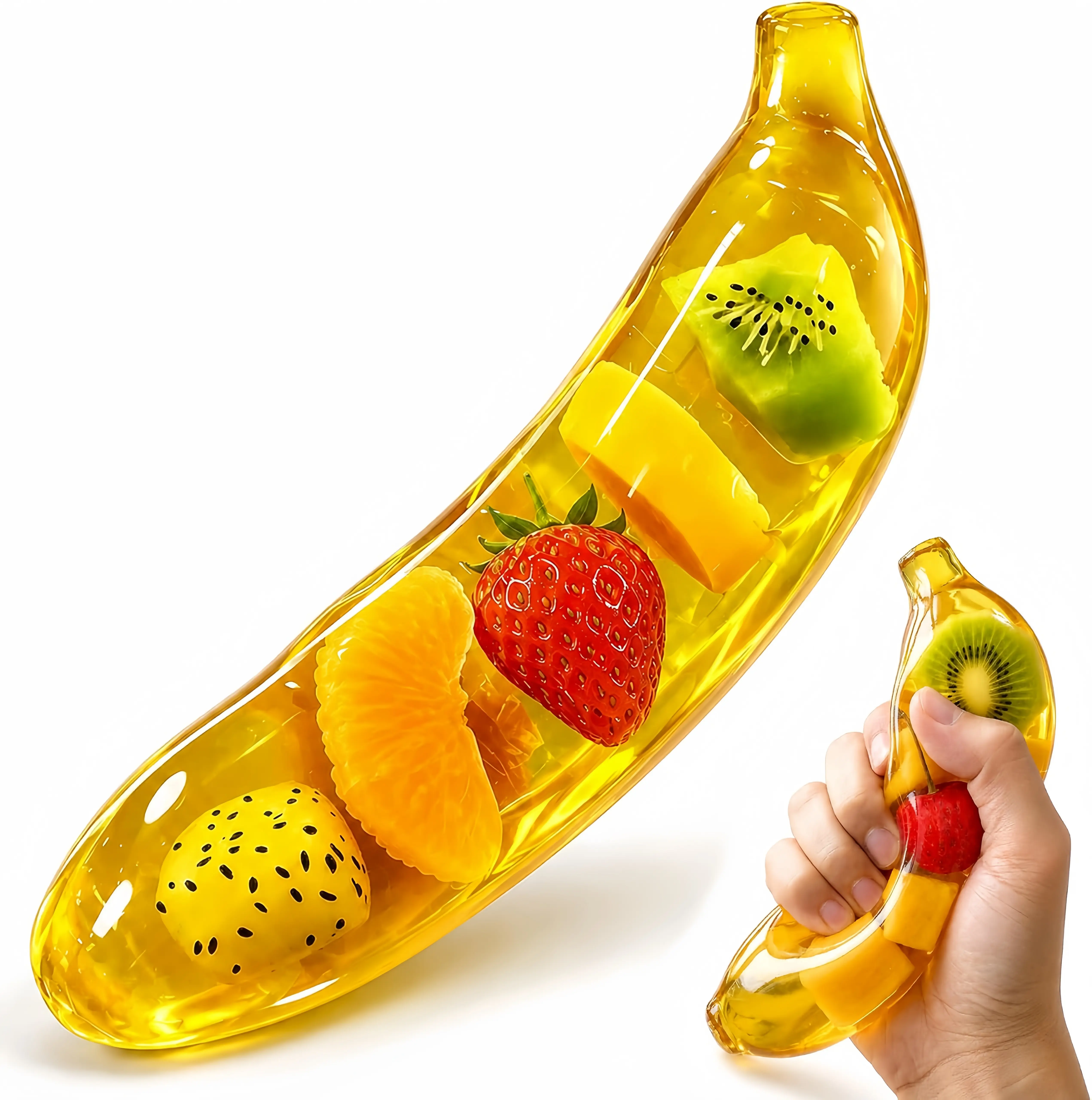 Crystal Clear Banana Squishy | Firm & Smooth Maltose, Ultra Supple Coconut Oil Filled, Assorted Fruit Inside, Sensory Fidget Stress Relief for Kids Adults, Birthday Gift Back to School Office Desk Toy