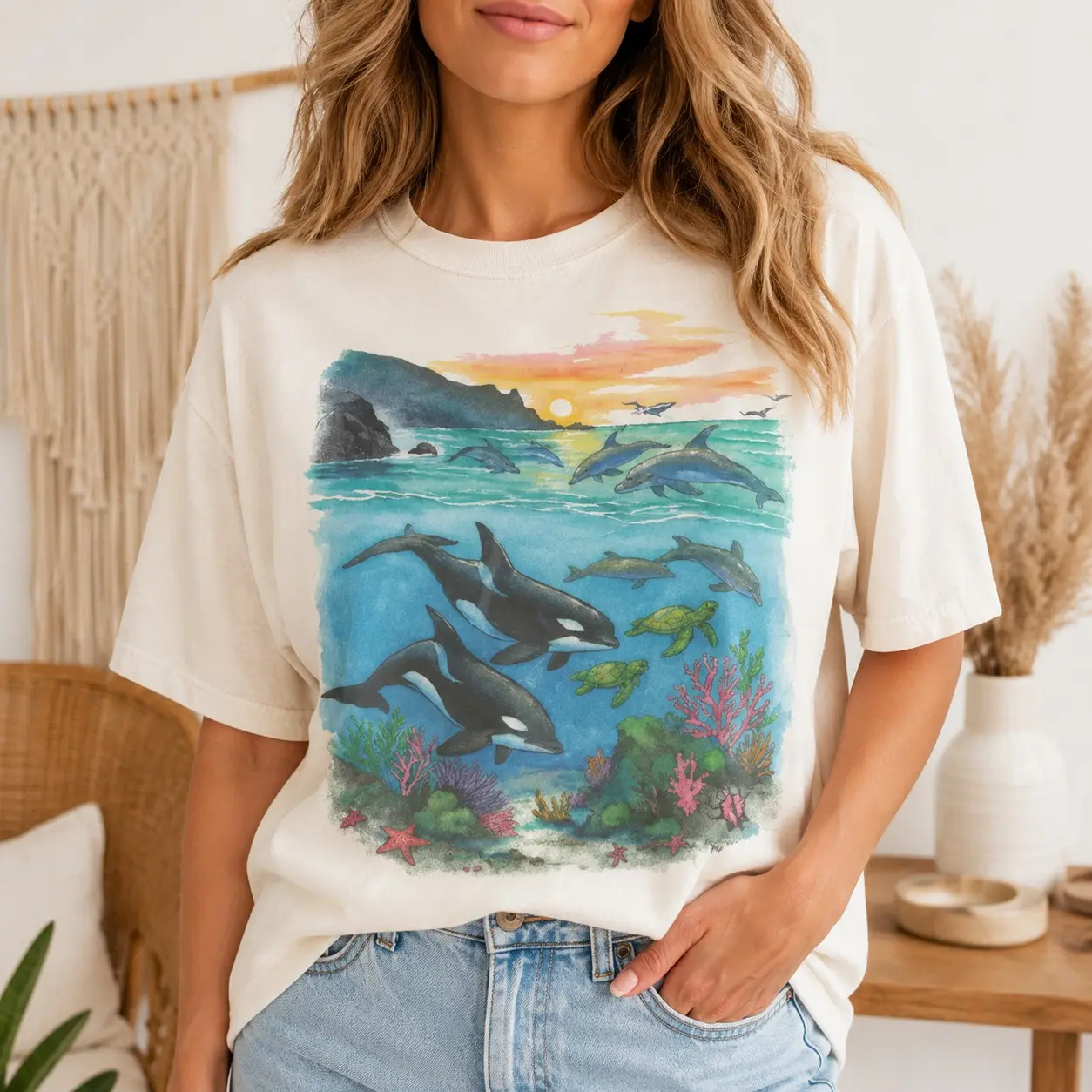 Comfort Colors Orca Dolphin Turtle Graphic Shirts for Women Short Sleeve Summer Vacation, Vintage Marine Life Beach Top Ocean Animal Gifts