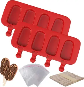 2 Pack Popsicles Molds, Homemade Cake Pop Molds Cakesicle Molds Silicone Popcical Molds, 4 Cavities Ice Pop Cream Molds Maker with 50 Wooden Sticks & 50 Popsicle Bags for DIY Popsicles
