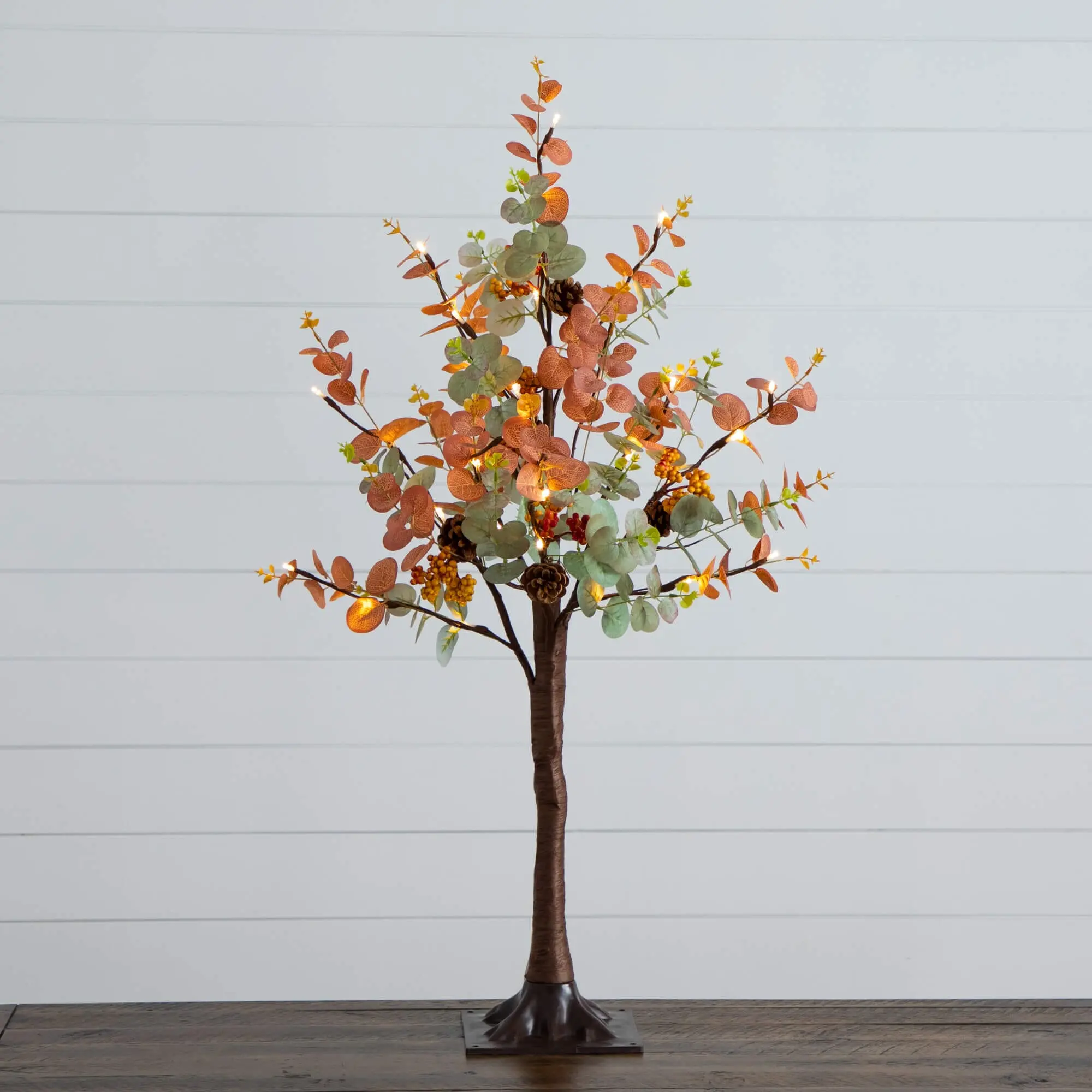 3'-Tall Pre-Lit Artificial Autumn Eucalyptus Tree - 36 Warm White LED Lights, Pinecones, Berries, Leaf Hues - Indoor Display Living Room Decor House Plant Decor for Coffee Tables with Organic Touch, 3-Ft