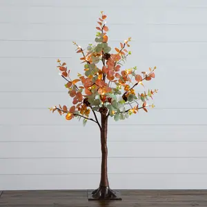 3' Pre-Lit Autumn Eucalyptus Artificial Fall Tree with Pinecones, Berries and 36 Warm White LED Lights