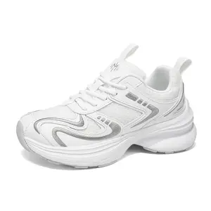 Unisex styleTrending White Dad Sneakers  Metallic Silver Detail Cushioned Fashion Sneakers