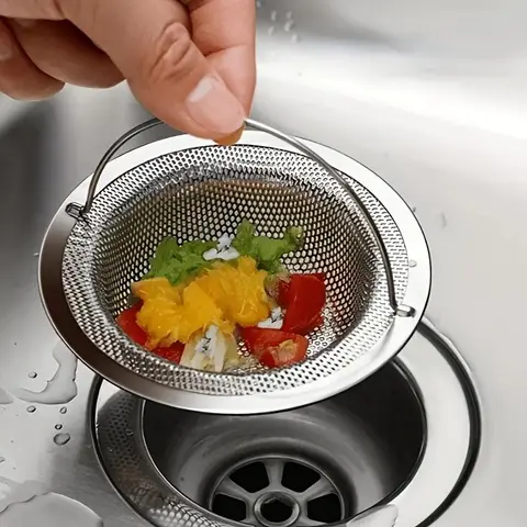 Stainless Steel Sink Strainer with Handle, Modern Kitchen Sink Strainer, Metallic Drain Stopper, Hair Catcher, Clog Prevention Filter for Kitchen & Bathroom, Kitchen Sink Accessories