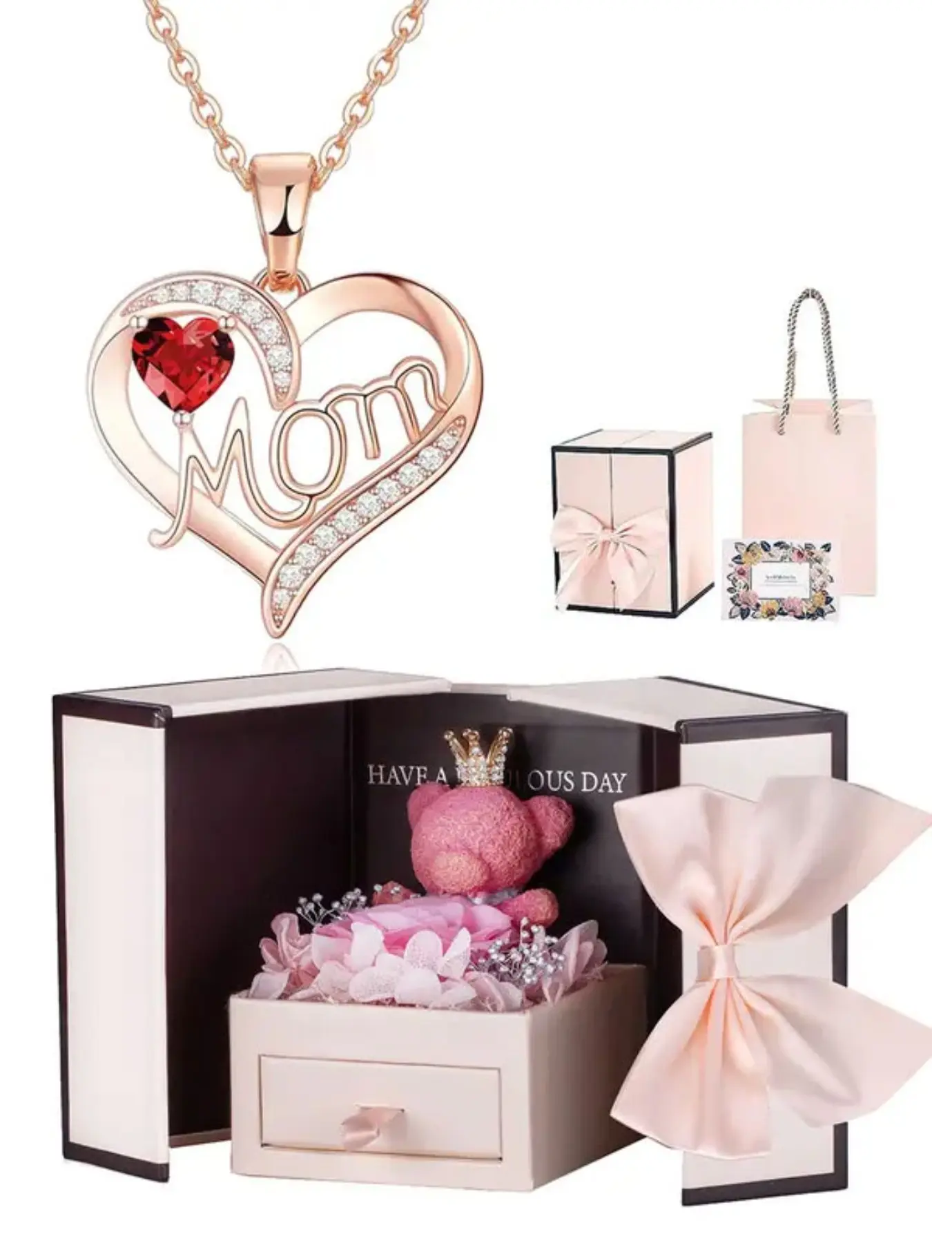 Mom New Year Gift Heart Birthstone Pendant Necklace, Rose Box Set, Personalized Jewelry, Mother's Day Present, Unique Gift Idea
