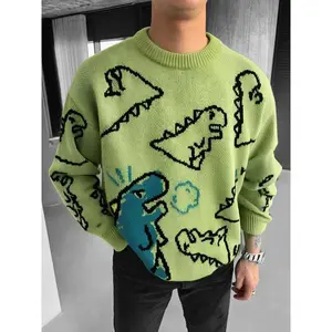 Unisex Dinosaur Print Sweater, Casual Street Style Knitwear, Long Sleeve Drop Shoulder Pullover, Fall & Winter Fashion
