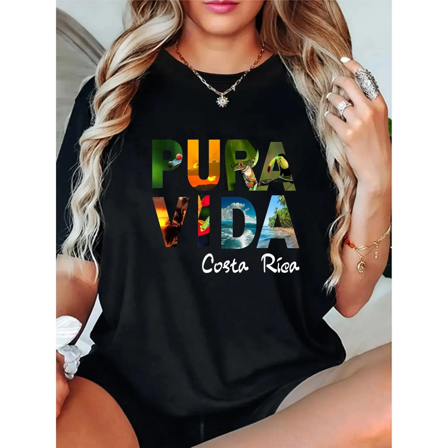 PURA VIDA Costa Rica Black T-Shirt for Women, 180g Cotton, Round 