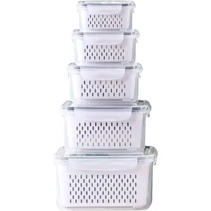 Fridge Food Storage Container Set with Lids with Strainer, Fruit Vegetable Storage Containers Keep Fruits, Vegetables, Berry, Meat Fresh longer, Plastic Produce Keepers