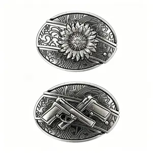 Sunflower & Dual Pistols Vintage Cowboy Belt Buckles, Fits 1.5" Belt, Retro Metal Buckles for Men & Women, Perfect for Rodeo & Casual Wear Vintage Western Belt Buckle Fits Standard Belts, Great for Country & Biker Style