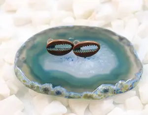 Patina Copper Cowrie Shell Earring Pair - Bohemian Style Dangle Earrings Rustic Boho Copper Jewelry