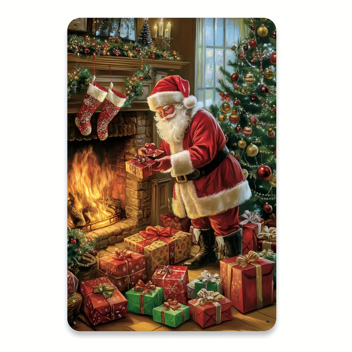 Vintage Merry Christmas Metal Tin Sign, 8x12 in - Cozy Santa by Fireplace, Durable Iron Wall Art with Pre-Drilled Easy-to-Hang Holes for Home, Bar Decor, Retro Holiday Room Plaque & Sign