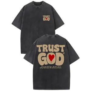 rust God Double-Sided Washed Christian T-Shirt - Dripping Heart Faith Oversized Tee Vintage Washed "Trust God" Retro Bubble Font Christian Graphic Tee - Religious Streetwear