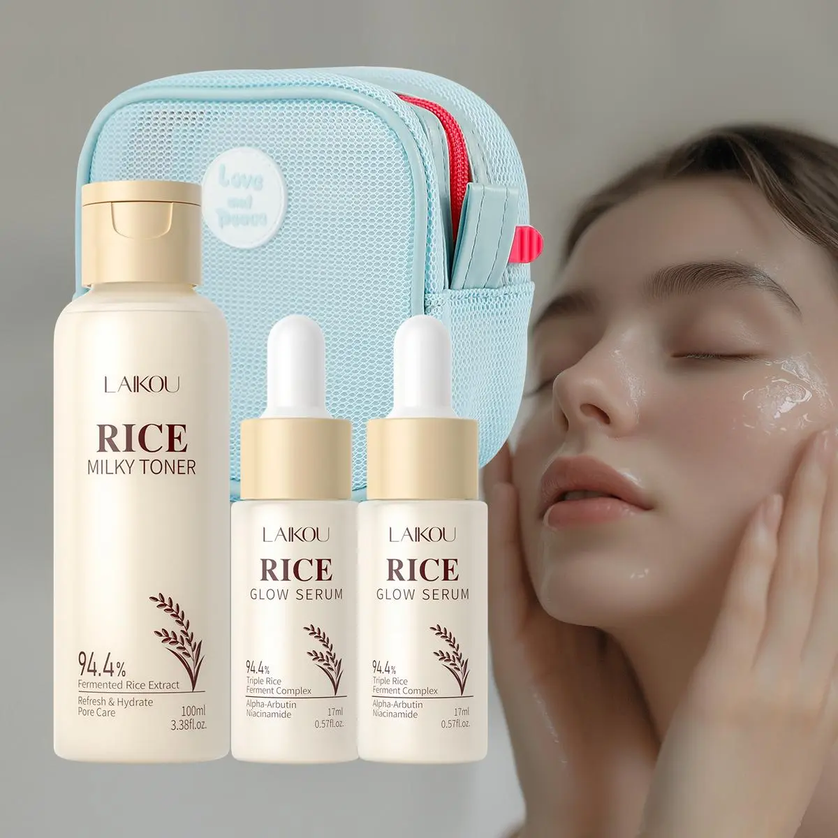 Rice Extract Moisturizing Skincare Set, Total Care Set, Facial Skincare Kit, Including Facial Toner & Serum & Makeup Bag, Face Lotion for Women & Men, Hydrating, Skin Care Products