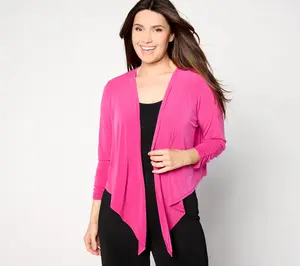 Susan Graver Liquid Knit Ruched 3/4-Sleeve Open Front Shrug