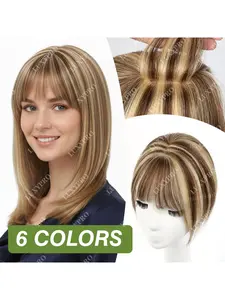 Clip-in bangs with human hair extensions, genuine French bangs, natural color with washable and dyeable hair, Fluffy Hairpiece, creating stylish looks, concealing white hair, adding volume, and featuring breathable hair nets for comfortable wear