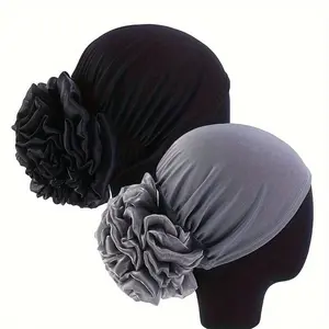 Elegant 2pcs/set Boho Turban Hats - Elastic Beanies with Flower Head Wraps for Women Daily Use Ramadan Chemo Cap Hijab, Two Piece Sets, Flower Wrap