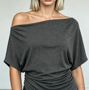 2026 Summer Fall Women's Sexy Asymmetrical Off Shoulder Batwing Sleeve Knit T-Shirt, Loose Drop Shoulder Short Sleeve Top with Ruched Slim Fit Waist, Casual Going Out Streetwear for Women