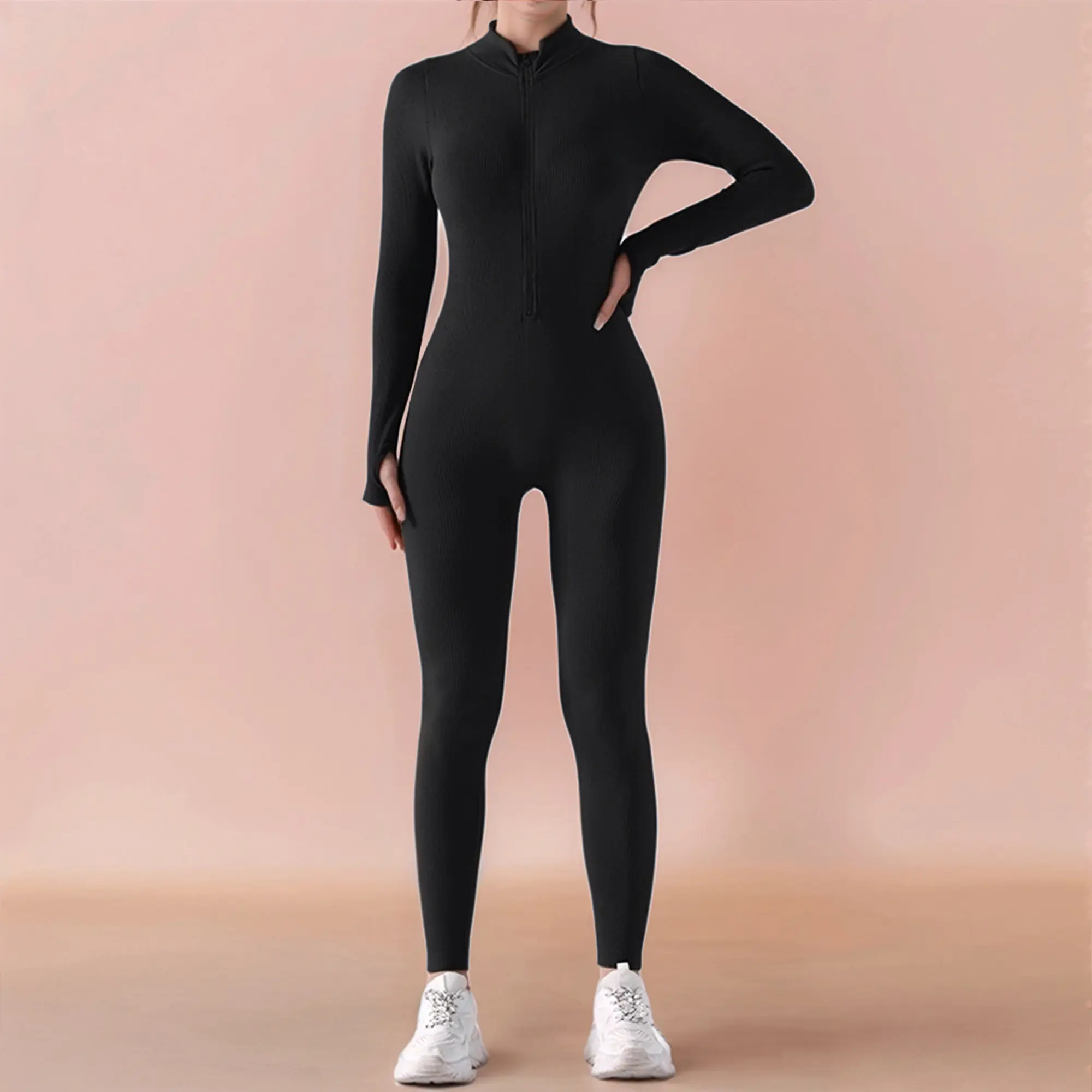 Women's Long Sleeve Ribbed Jumpsuit with Zipper, Tummy Control & Butt Lift for Fall/Winter, Machine Washable, Suitable for Daily wear, Outdoor Sports and Yoga