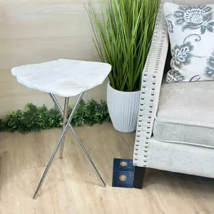 Natural Milky Quartz Side Table on Chrome Metal Base, 23.9" Tall #1341MQ-001