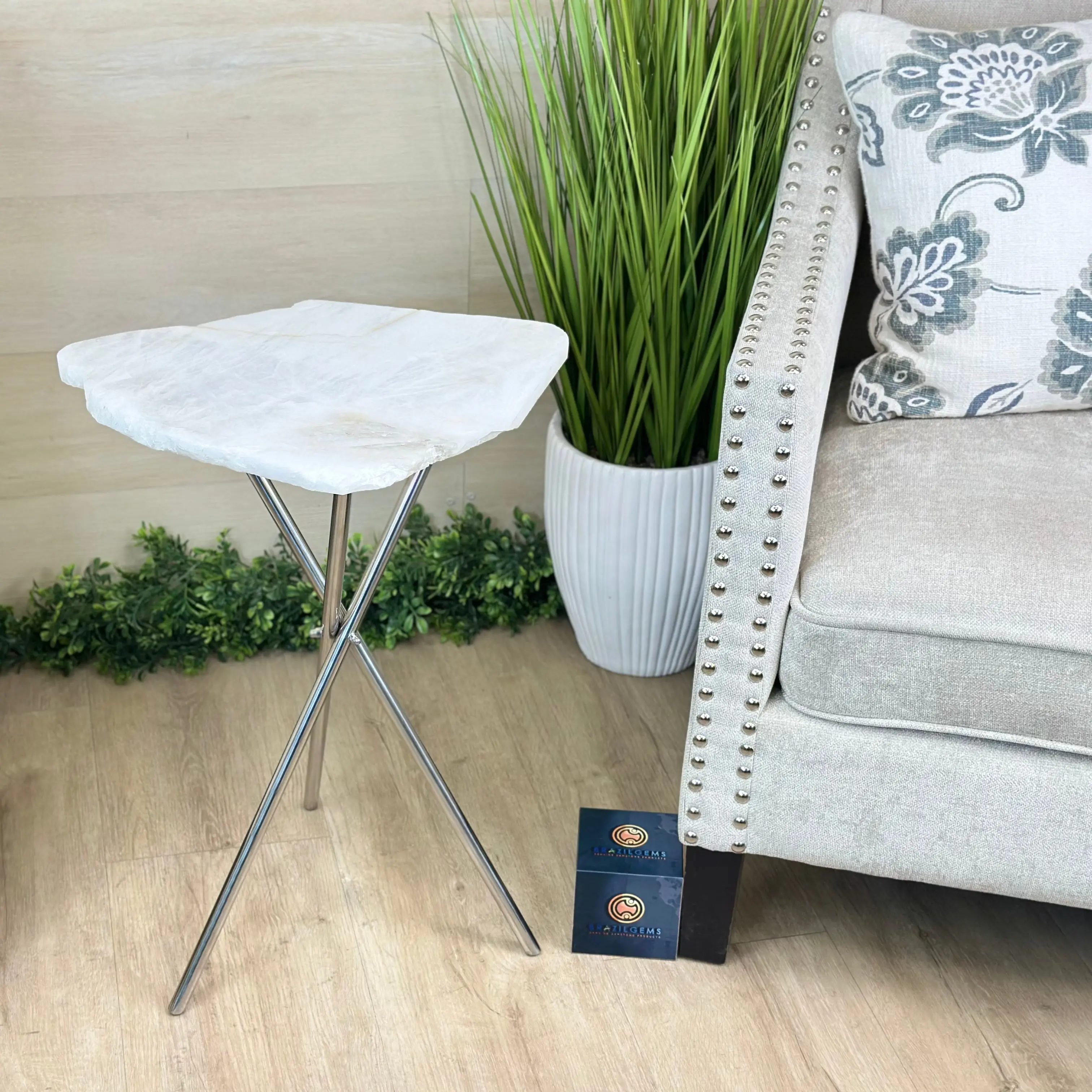 Natural Milky Quartz Side Table on Chrome Metal Base, 23.9" Tall #1341MQ-001