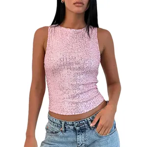 Women's Sparkle Sequin Tank Tops Sleeveless Crew Neck GlitterFit Party Club Vest