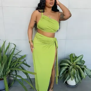 Island Goddess Two-Piece Set - Lime Green Top & Flowing Skirt for Women, Comfortable & Stylish Womenswear, Comfortable Fit - Short, Clothes, Suits matching sets party club