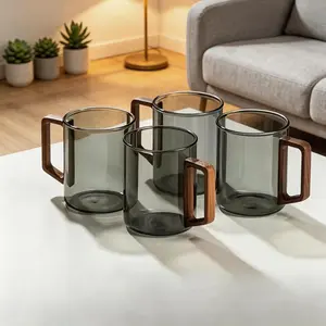 1/2/4 Pack 500ml/17oz Capacity High Borosilicate Clear Glass Cup with Heat Insulated Wooden Handle, Lead Free Heat Resistant Whiskey Tea Making Mug, Dishwasher Safe Drinkware for Home Kitchen Bar Party Daily Use, Ideal Housewarming Wedding Gift