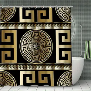 1/4 pcs black and gold geometric pattern design, exquisite shower curtain set, non-slip mat, U-shaped rug, toilet seat cover, perfectly suited for bathroom decoration, beautifies the space, includes 12 shower curtain hooks.