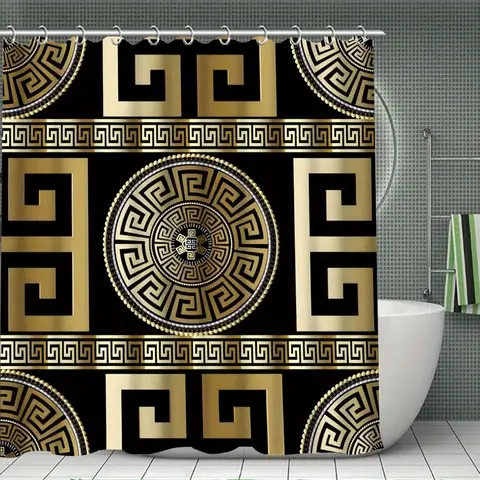 1/4 Pcs Black and Golden Geometric Pattern Decorative Set, Non-Slip Mat, U-Shaped Rug, Toilet Seat Cover, Bathroom Decoration Accessories, Aesthetic Bathroom Decor, Includes 12 Shower Curtain Hooks
