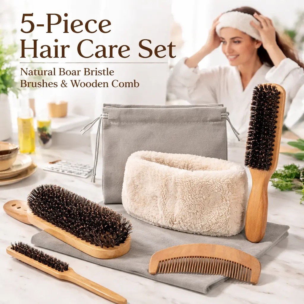 5-Pack Boar Bristle Hair Brush Set – Soft Natural Bristle Brush for Thin & Fine Hair – Includes Travel Bag & Spa Headband – Smoothing, Shine-Enhancing, Frizz-Reducing