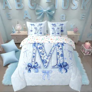 7Pcs Blue Initial Kids Comforter Bed Set,Girls Coquette Bow Bedding Set,Princess Aesthetic Quilt Dreamy Cartoon Cute Bed Bag with Chic Rose Floral Bed Set