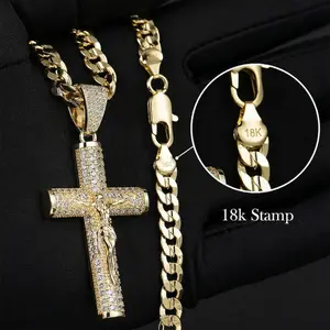 18k Real Gold-Plated Cuban , Figaro, Miami Cross with Jesus Christ Crucifix,24 inches Long and 6mm Wide,Handcrafted Polishing and Multiple Electroplating Daily Wear Necklace