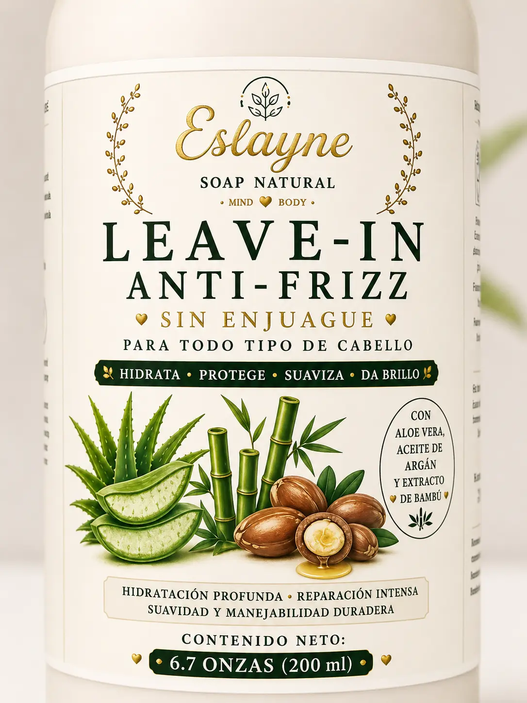 Hair Repair Anti-Frizz Leave-In Conditioner | Aloe Vera, Argan Oil & Bamboo Extract | 6.7 oz (200 ml)