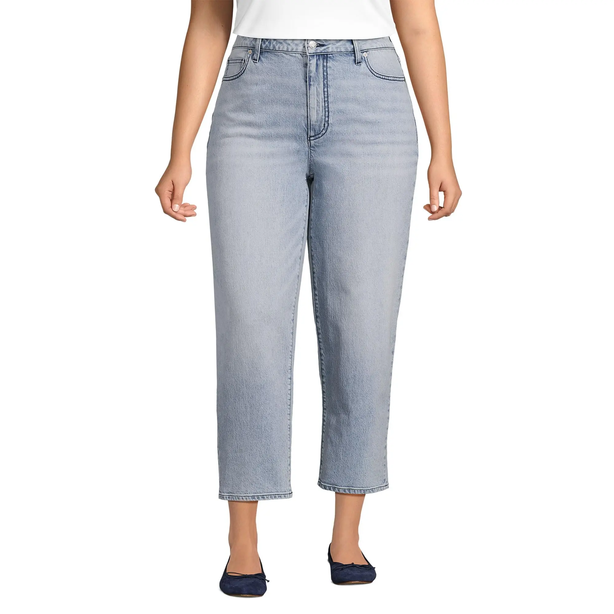 Lands' End Women's Plus Size Soft Denim Mid-Rise Relaxed Straight Crop Jeans - 18W, Harlow Blue Wash, Belt-Compatible, Zipper-Button Closure, Spandex-Blended Garment