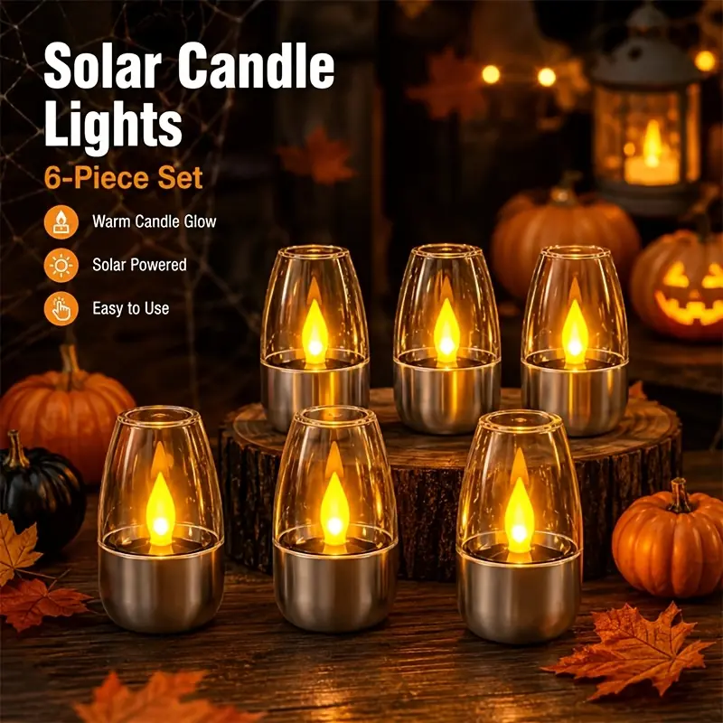 Set of 6 solar flame-free candle lights, IP44 waterproof, smart light-sensing outdoor table lighting candles suitable for garden, camping, parties, gatherings, Halloween, and Christmas decorations