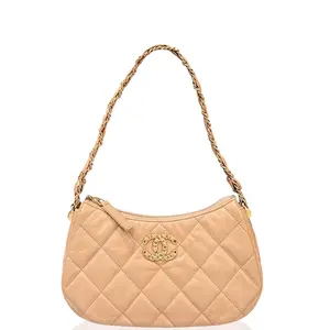 Pre-owned CHANEL Leather Shoulder Bags Hobo Crumpled Calfskin Natural Tan (dh010726g8)