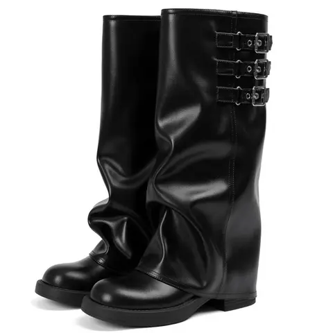 EROCALLI Women's Goth Chic Alternative Girl Biker Rider Platform Boots - Pull-On Buckle, Tall Knee-High, Slouchy Fold-Over, Casual Basic Korean Footwear for Motorcycle Riding, All Seasons Shoes