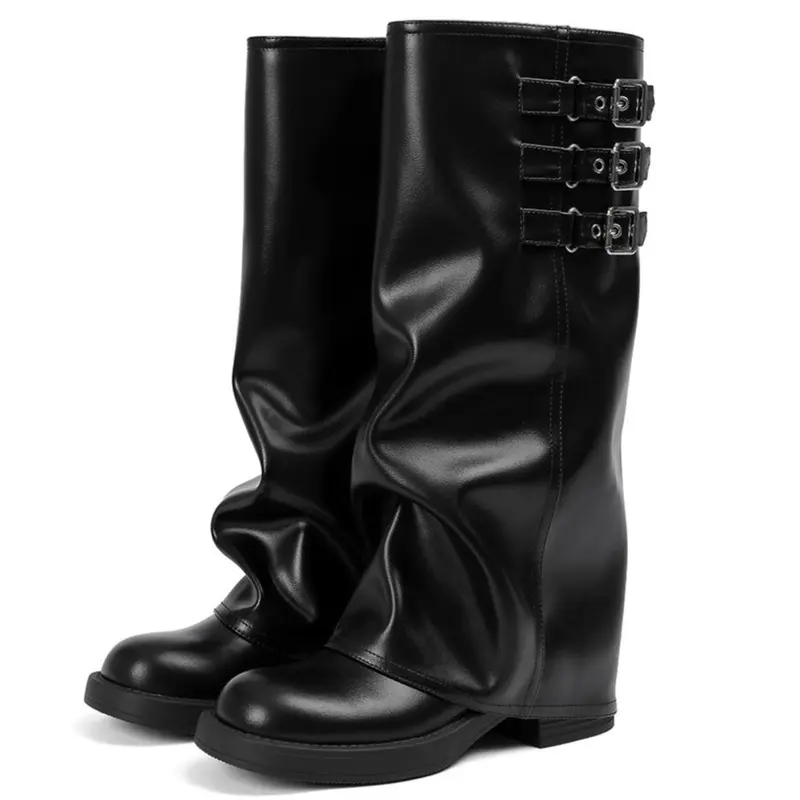 EROCALLI Women's Goth Chic Alternative Girl Biker Rider Platform Boots - Pull-On Buckle, Tall Knee-High, Slouchy Fold-Over, Casual Basic Korean Footwear for Motorcycle Riding, All Seasons Shoes