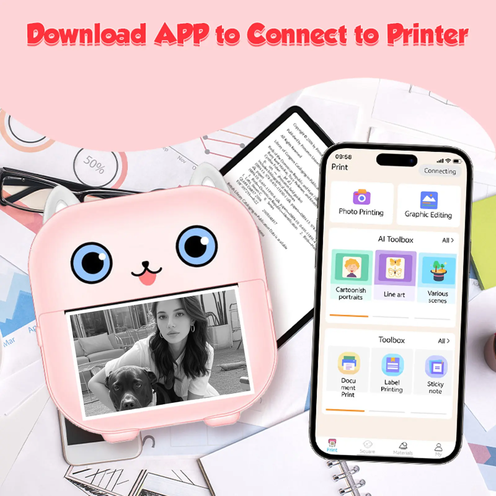 Hivisuals Cute Cartoon Design Portable Thermal Printer, Mobile Wireless ...