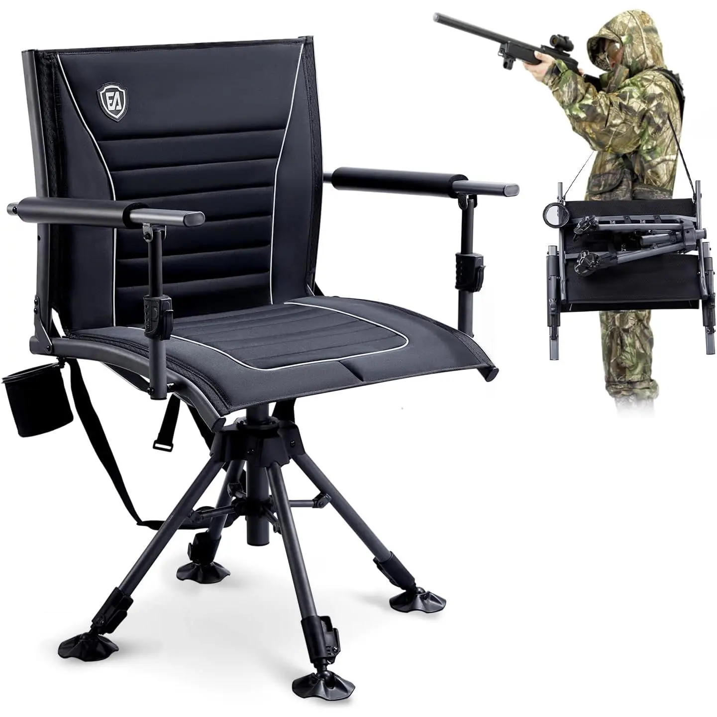 EVER ADVANCED 360 °   Silent Swivel Hunting Chair for Blinds, Adjustable Folding Hunting Seats for Outdoor Activities, Fishing, Support 300lbs, Black
