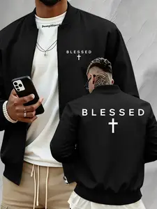 Men’s "Blessed" Cross Print Stand Collar Bomber Jacket, Inspirational Faith-Based Zip-Up Outerwear, Casual Streetwear & Everyday Wear Coat#BlessedCrossJacket #FaithBasedOuterwear#ChristianStreetwear #TikTokFashion#ReligiousQuotePrint