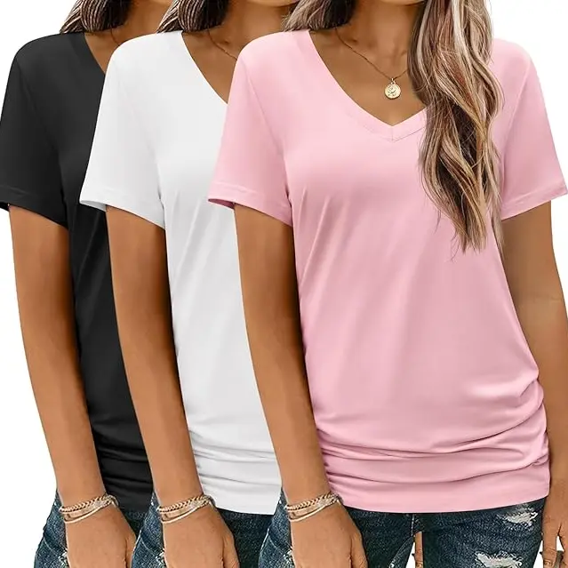 Women's Chic Oversized Solid V-Neck Short-Sleeve Polyester Blouse - Soft Aesthetic, Cute Apparel for Summer Everyday Casual Outfits, Short Sleeve Blouses & Shirts