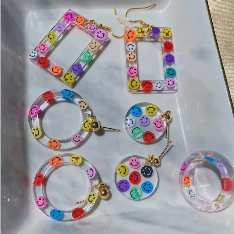 Mini Smiley Face Resin Earrings, Circle, Rectangle