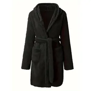 Men'sSolidWinterPlushHoodedBathrobe,ThickenedWarmLong-SleeveFleeceLoungewear,SimpleCasualStyle