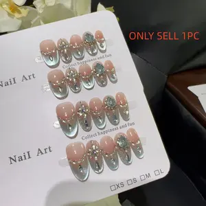 10pcs high-end Fully drilled with high-end cat's eyes handmade coffin fake nails, Short nail patches for women