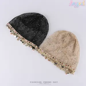 Anygoal Women's Boho Crochet Mesh Beanie Hat, Hollow Out Knit Slouchy Cap with Shell and Coin Tassels, Breathable Lightweight Bohemian Style Headwear for Music Festivals, Beach Vacations, Daily Casual Wear and Photoshoots summervibes beach outfits