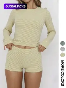 Women's Casual Striped Long Sleeve Top and Shorts Set, Fitted Regular Length, All Seasons, Plain Pattern, 2 Piece